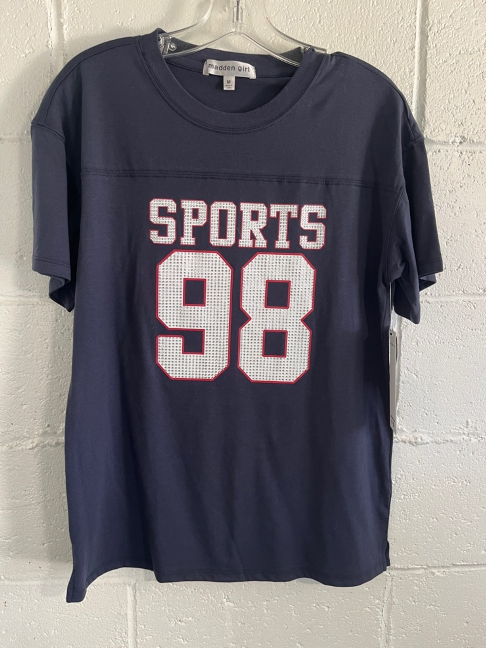 Madden Girl Sparkle Embellished 'SPORTS 98' Short Sleeve Tee- Medium